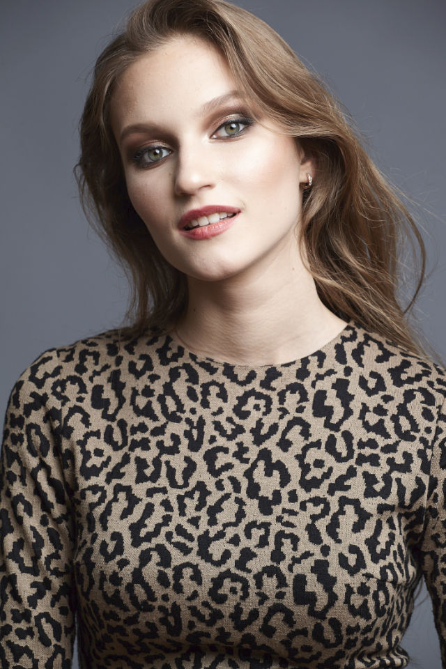 Nastya studio portrait. Leopard long sleeve shirt